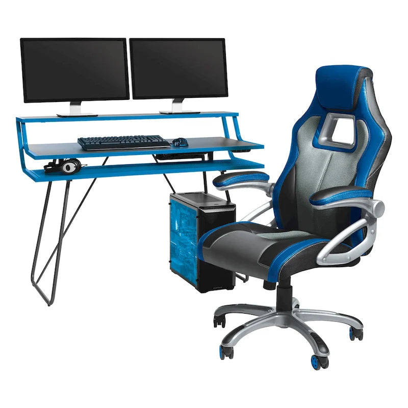 Bureau de jeu de 47,8 pouces pour deux écrans avec lumières LED Bluetooth, hub USB, gestion des câbles, étagère d'accessoires Bleu Noir Rouge