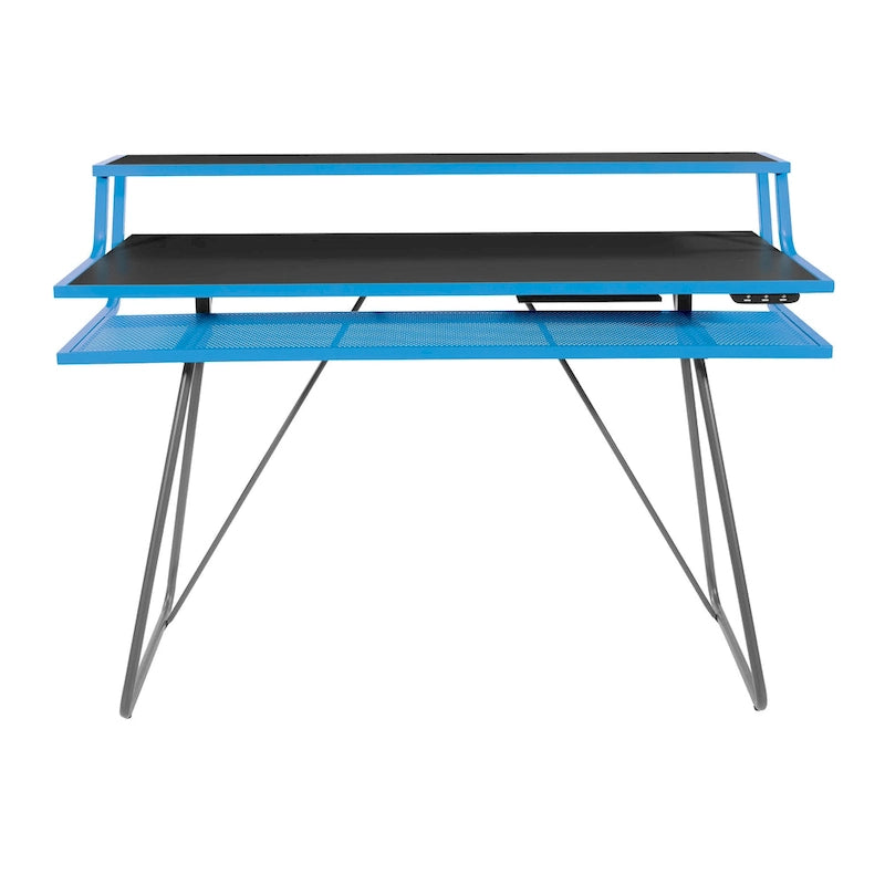 Bureau de jeu de 47,8 pouces pour deux écrans avec lumières LED Bluetooth, hub USB, gestion des câbles, étagère d'accessoires Bleu Noir Rouge