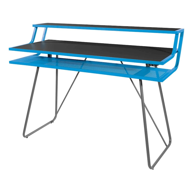Bureau de jeu de 47,8 pouces pour deux écrans avec lumières LED Bluetooth, hub USB, gestion des câbles, étagère d'accessoires Bleu Noir Rouge