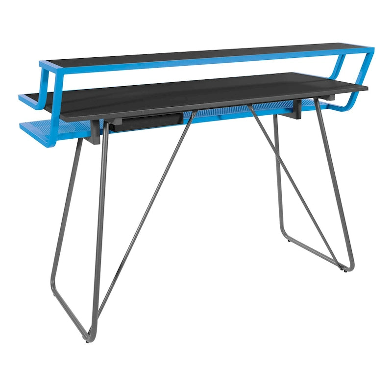 Bureau de jeu de 47,8 pouces pour deux écrans avec lumières LED Bluetooth, hub USB, gestion des câbles, étagère d'accessoires Bleu Noir Rouge