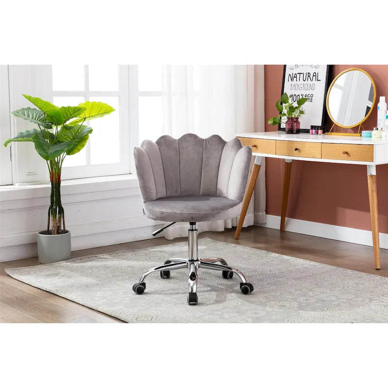 Chaise de bureau pivotante en velours, hauteur réglable, dossier capitonné ergonomique, base dorée, 113 kg, gris/rose/vert/bleu
