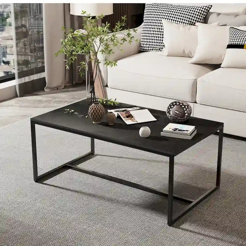 Table basse rectangulaire en pierre frittée, pieds en métal noir, style moderne, 100x60cm, capacité 150 kg