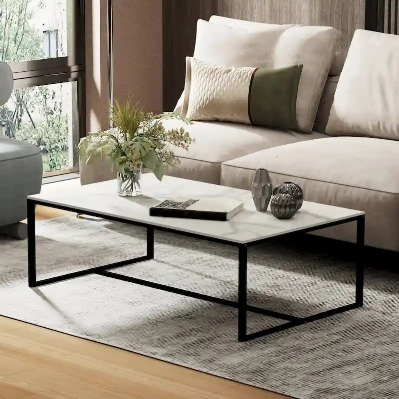 Table basse rectangulaire en pierre frittée, pieds en métal noir, style moderne, 100x60cm, capacité 150 kg