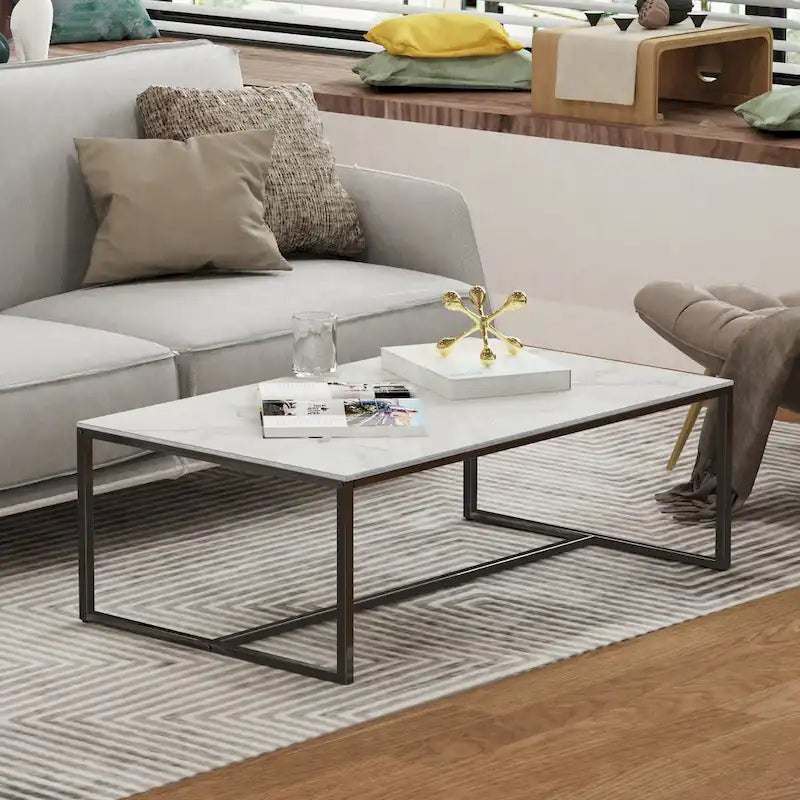 Table basse rectangulaire en pierre frittée, pieds en métal noir, style moderne, 100x60cm, capacité 150 kg