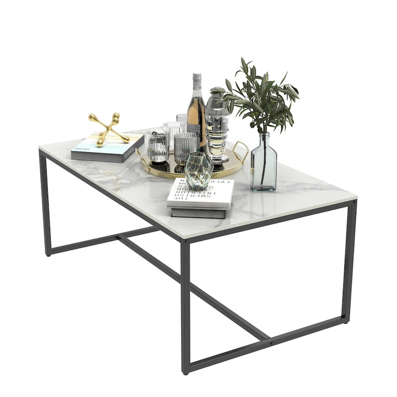 Table basse rectangulaire en pierre frittée, pieds en métal noir, style moderne, 100x60cm, capacité 150 kg