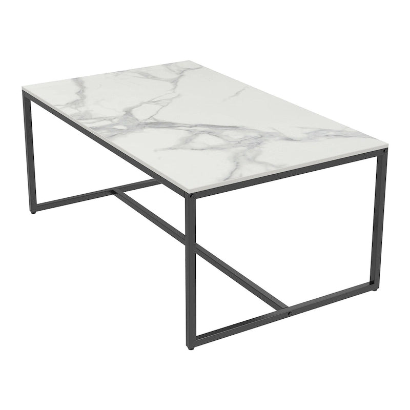 Table basse rectangulaire en pierre frittée, pieds en métal noir, style moderne, 100x60cm, capacité 150 kg