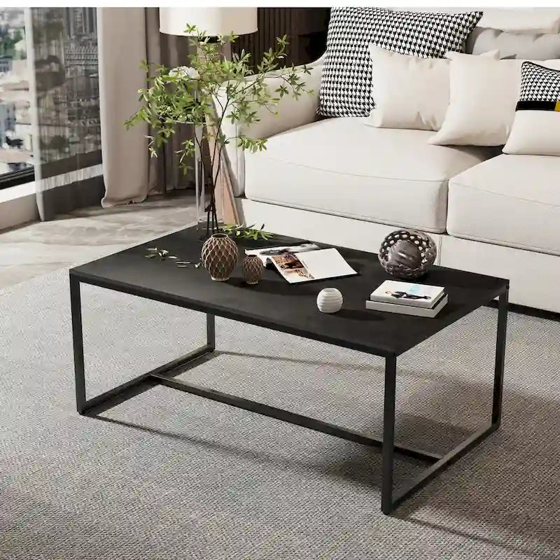 Table basse rectangulaire en pierre frittée, pieds en métal noir, style moderne, 100x60cm, capacité 150 kg