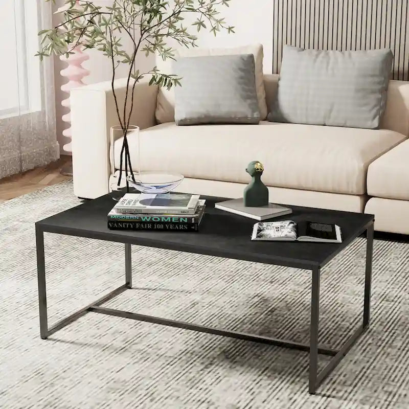 Table basse rectangulaire en pierre frittée, pieds en métal noir, style moderne, 100x60cm, capacité 150 kg
