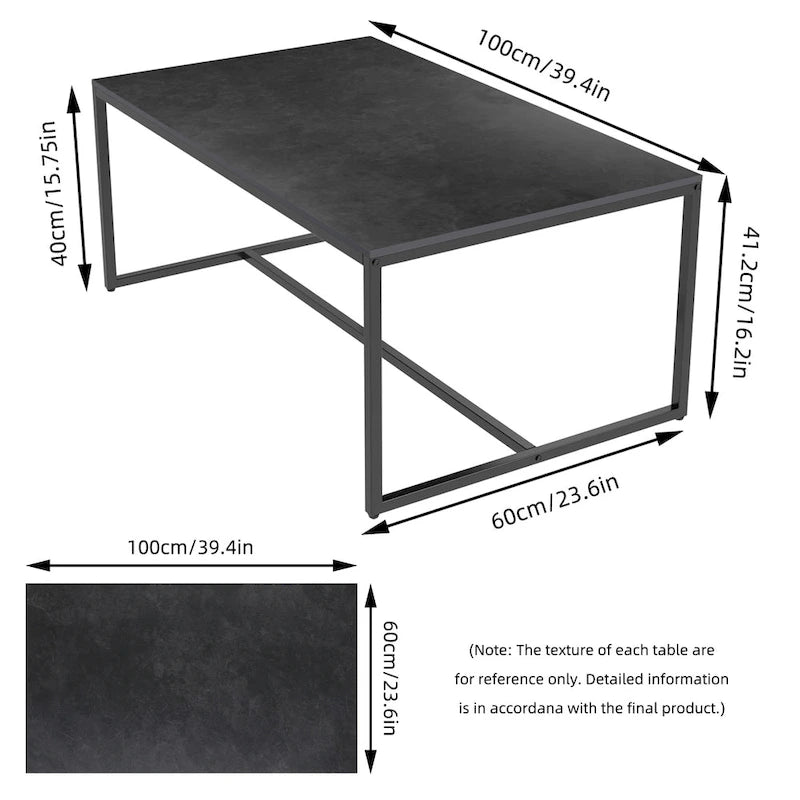 Table basse rectangulaire en pierre frittée, pieds en métal noir, style moderne, 100x60cm, capacité 150 kg