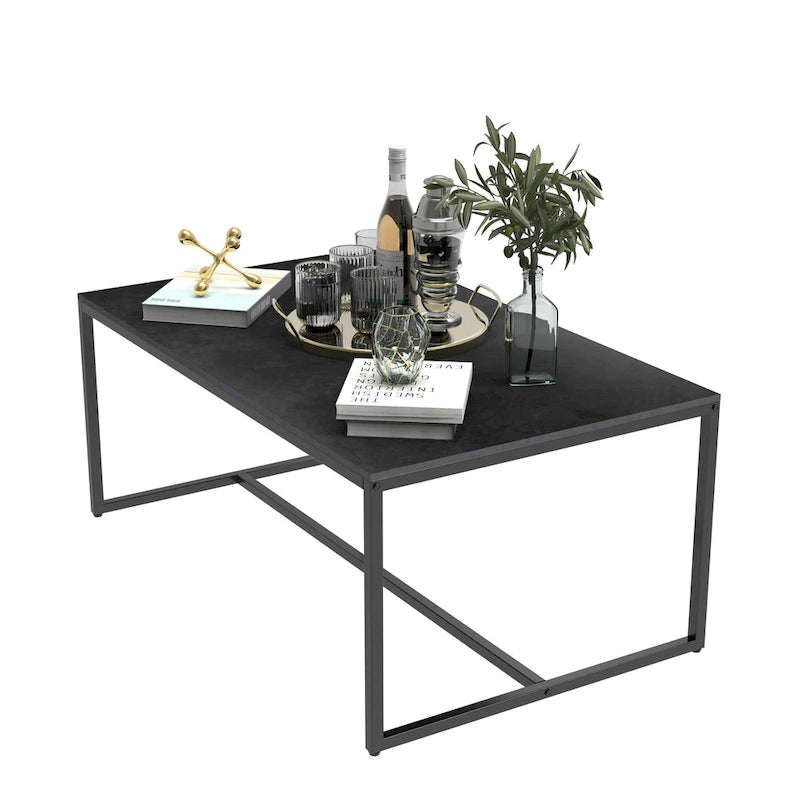 Table basse rectangulaire en pierre frittée, pieds en métal noir, style moderne, 100x60cm, capacité 150 kg