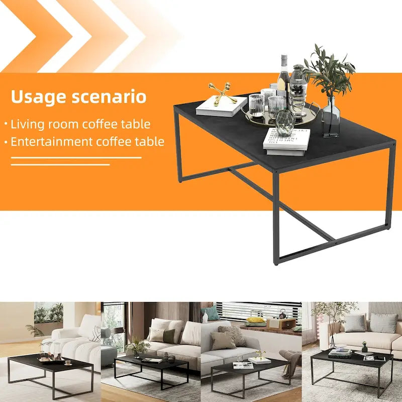 Table basse rectangulaire en pierre frittée, pieds en métal noir, style moderne, 100x60cm, capacité 150 kg
