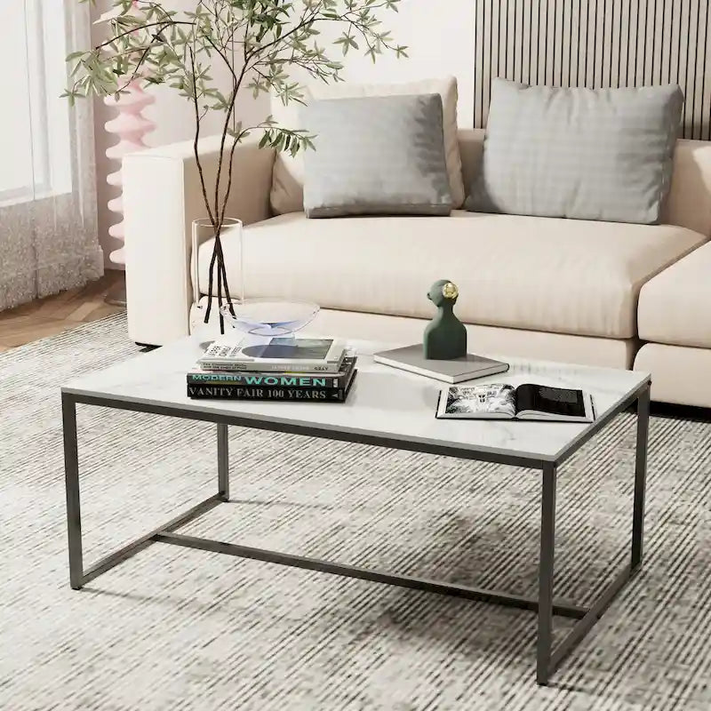 Table basse rectangulaire en pierre frittée, pieds en métal noir, style moderne, 100x60cm, capacité 150 kg