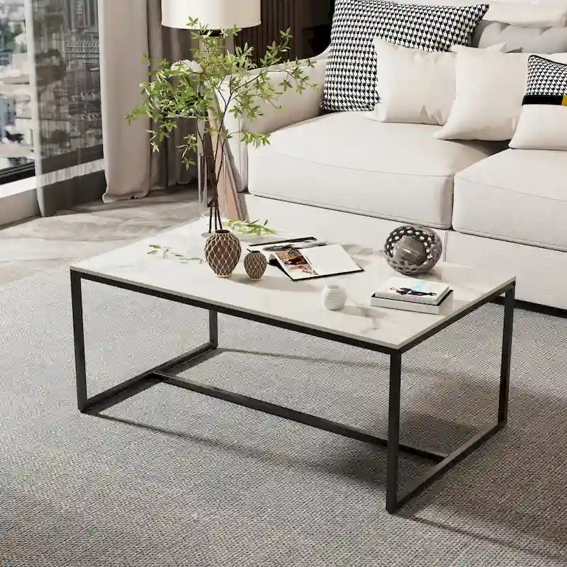 Table basse rectangulaire en pierre frittée, pieds en métal noir, style moderne, 100x60cm, capacité 150 kg