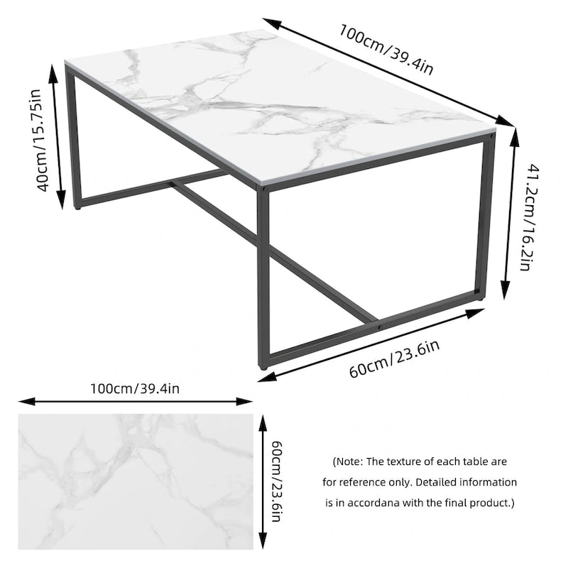 Table basse rectangulaire en pierre frittée, pieds en métal noir, style moderne, 100x60cm, capacité 150 kg