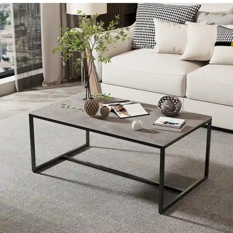 Table basse rectangulaire en pierre frittée, pieds en métal noir, style moderne, 100x60cm, capacité 150 kg