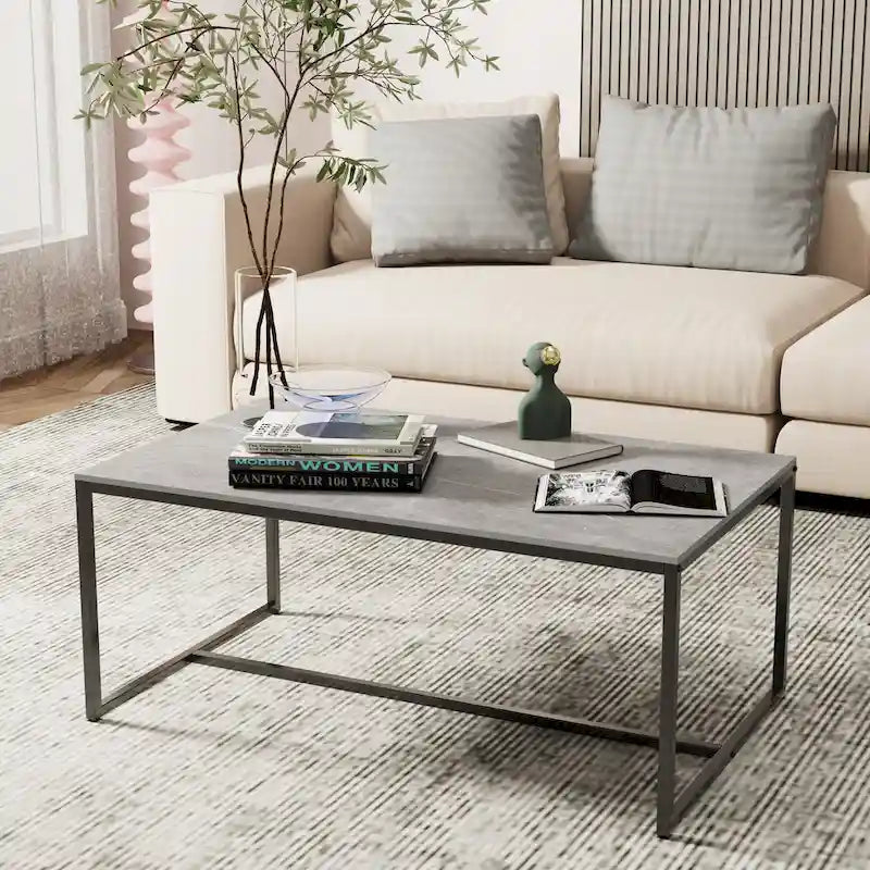 Table basse rectangulaire en pierre frittée, pieds en métal noir, style moderne, 100x60cm, capacité 150 kg