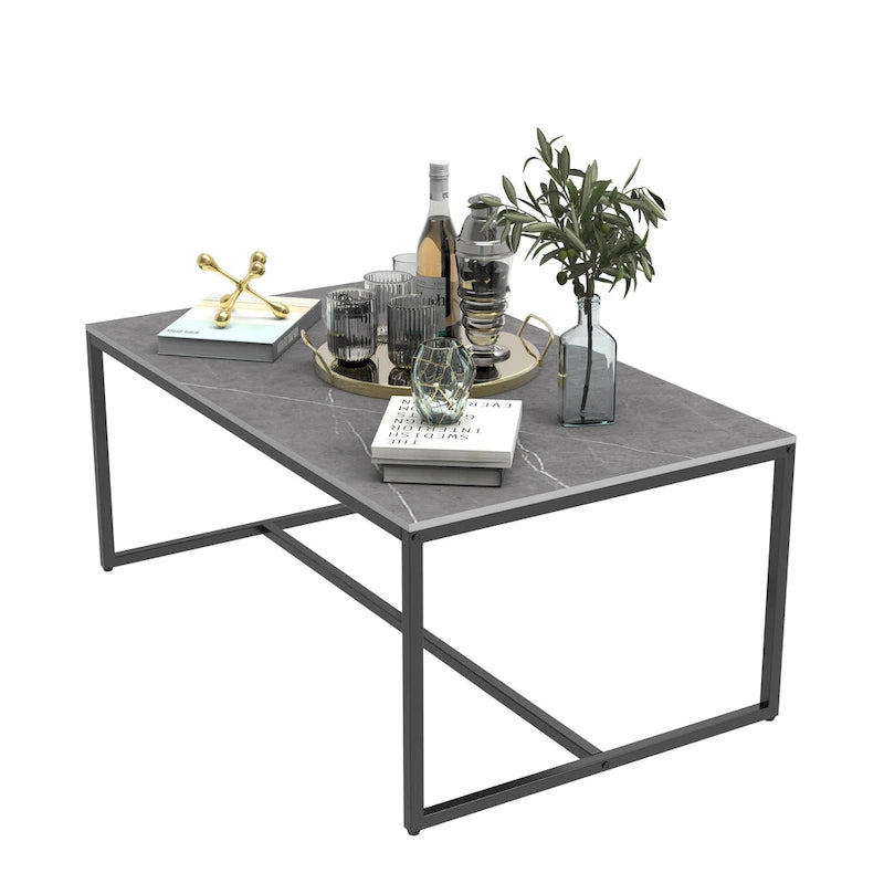 Table basse rectangulaire en pierre frittée, pieds en métal noir, style moderne, 100x60cm, capacité 150 kg