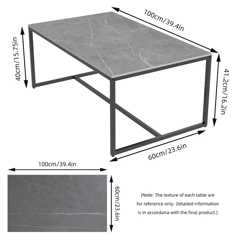 Table basse rectangulaire en pierre frittée, pieds en métal noir, style moderne, 100x60cm, capacité 150 kg
