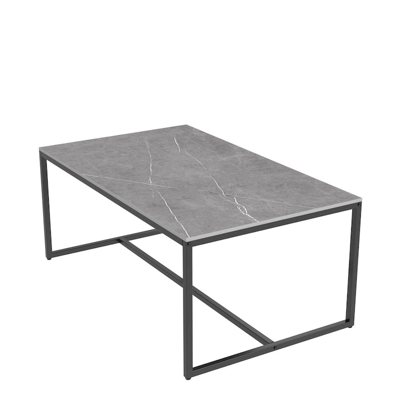 Table basse rectangulaire en pierre frittée, pieds en métal noir, style moderne, 100x60cm, capacité 150 kg