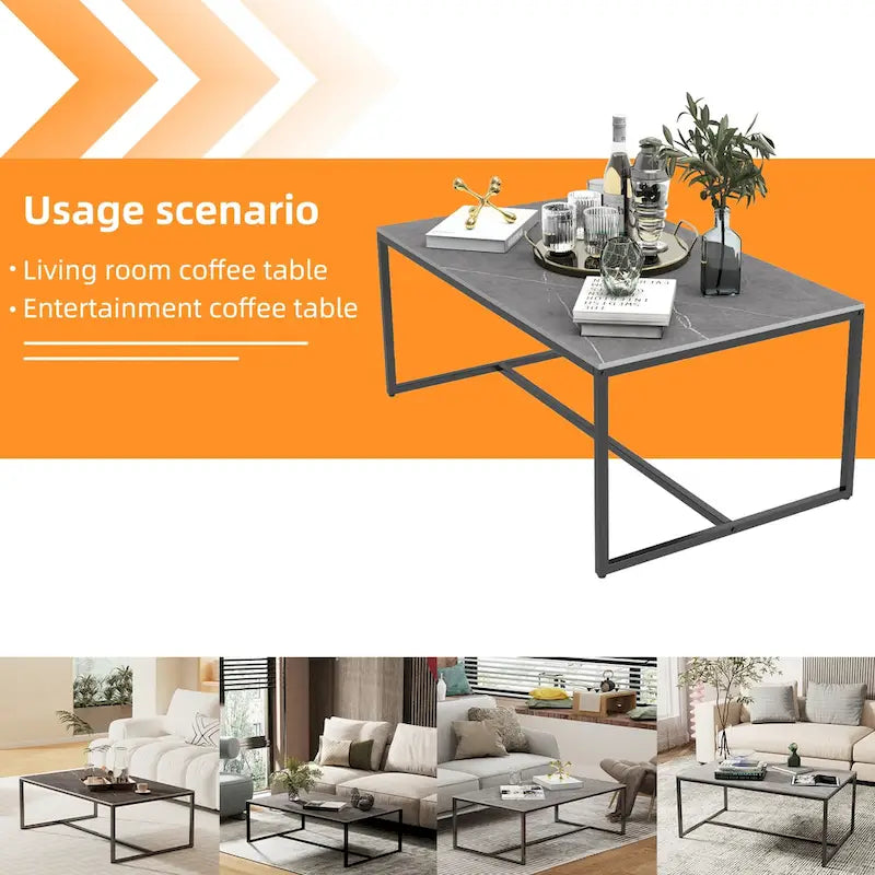 Table basse rectangulaire en pierre frittée, pieds en métal noir, style moderne, 100x60cm, capacité 150 kg