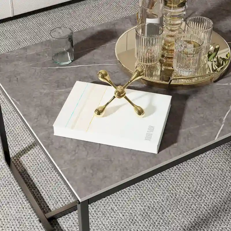Table basse rectangulaire en pierre frittée, pieds en métal noir, style moderne, 100x60cm, capacité 150 kg