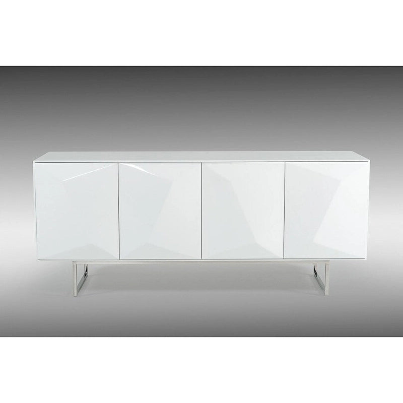 Buffet blanc moderne de 180 cm de long, 4 portes à fermeture douce, 2 étagères en verre, 2 tiroirs, pieds en acier inoxydable, finition brillante