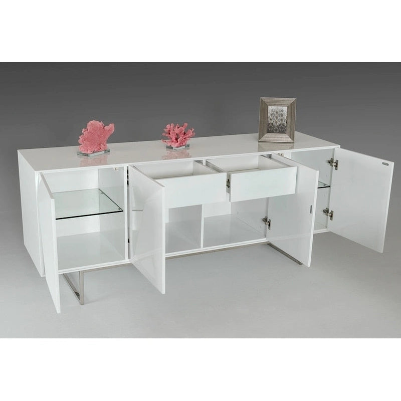 Buffet blanc moderne de 180 cm de long, 4 portes à fermeture douce, 2 étagères en verre, 2 tiroirs, pieds en acier inoxydable, finition brillante