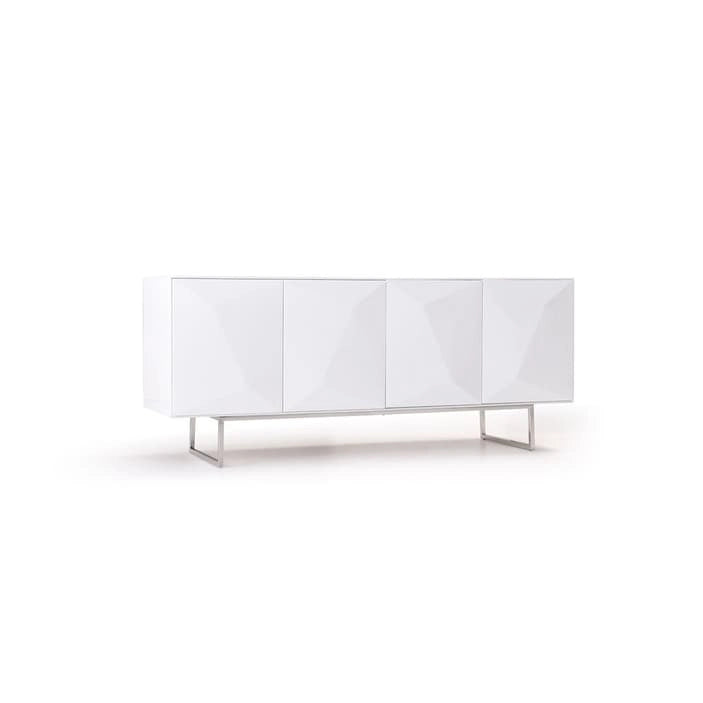 Buffet blanc moderne de 180 cm de long, 4 portes à fermeture douce, 2 étagères en verre, 2 tiroirs, pieds en acier inoxydable, finition brillante