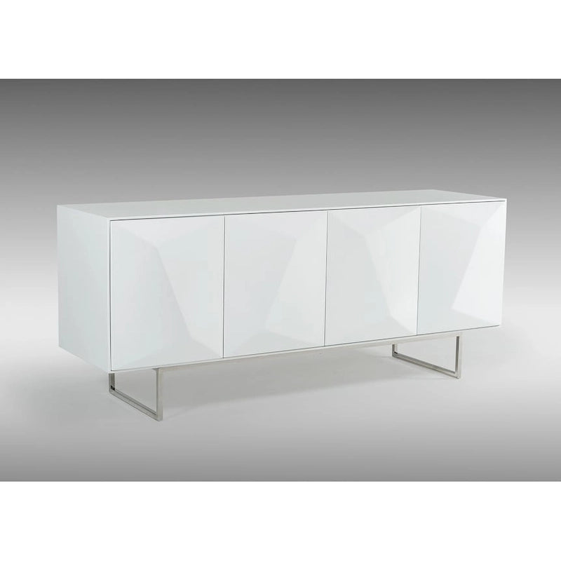 Buffet blanc moderne de 180 cm de long, 4 portes à fermeture douce, 2 étagères en verre, 2 tiroirs, pieds en acier inoxydable, finition brillante
