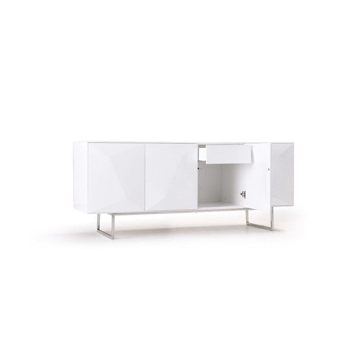 Buffet blanc moderne de 180 cm de long, 4 portes à fermeture douce, 2 étagères en verre, 2 tiroirs, pieds en acier inoxydable, finition brillante