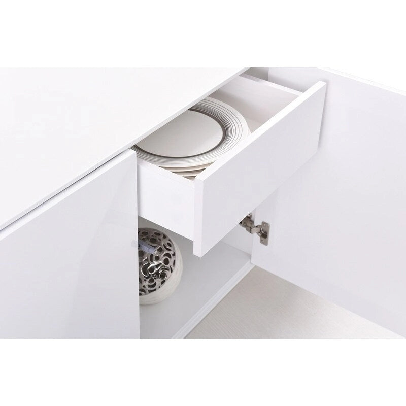 Buffet blanc moderne de 180 cm de long, 4 portes à fermeture douce, 2 étagères en verre, 2 tiroirs, pieds en acier inoxydable, finition brillante