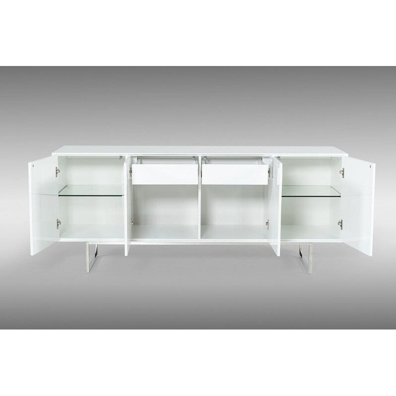 Buffet blanc moderne de 180 cm de long, 4 portes à fermeture douce, 2 étagères en verre, 2 tiroirs, pieds en acier inoxydable, finition brillante