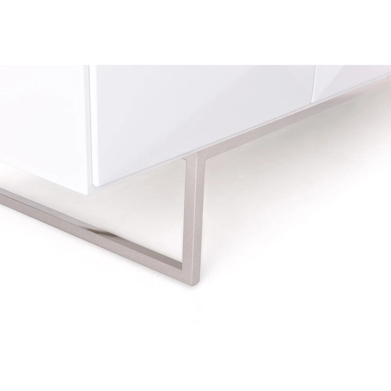 Buffet blanc moderne de 180 cm de long, 4 portes à fermeture douce, 2 étagères en verre, 2 tiroirs, pieds en acier inoxydable, finition brillante