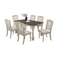 Ensemble de salle à manger 7 pièces Table rectangulaire 6 chaises Bois massif bicolore Dossier à lattes Assises en lin gris Style moderne du milieu du siècle Gris antique