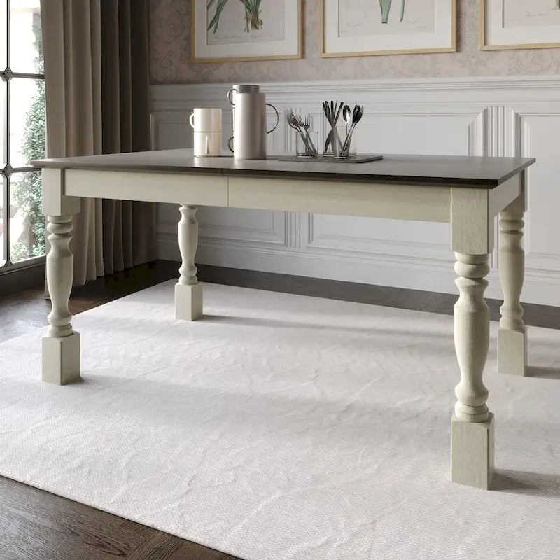 Ensemble de salle à manger 7 pièces Table rectangulaire 6 chaises Bois massif bicolore Dossier à lattes Assises en lin gris Style moderne du milieu du siècle Gris antique