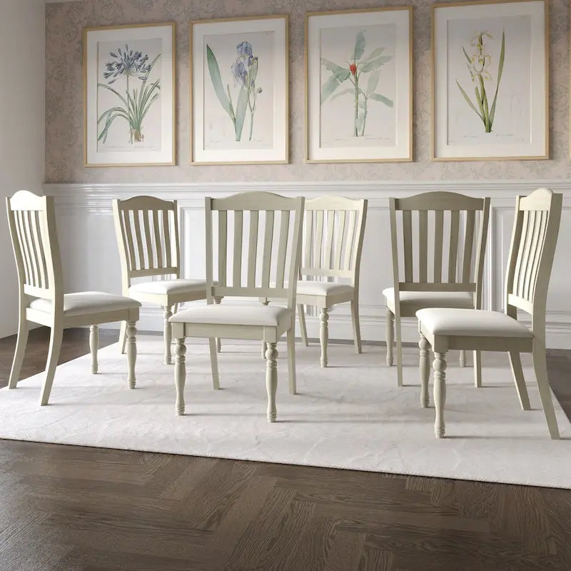 Ensemble de salle à manger 7 pièces Table rectangulaire 6 chaises Bois massif bicolore Dossier à lattes Assises en lin gris Style moderne du milieu du siècle Gris antique