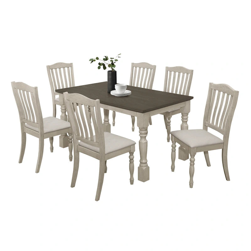 Ensemble de salle à manger 7 pièces Table rectangulaire 6 chaises Bois massif bicolore Dossier à lattes Assises en lin gris Style moderne du milieu du siècle Gris antique