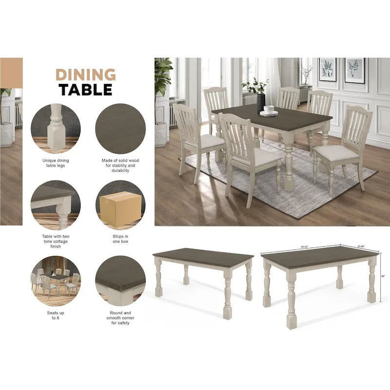 Ensemble de salle à manger 7 pièces Table rectangulaire 6 chaises Bois massif bicolore Dossier à lattes Assises en lin gris Style moderne du milieu du siècle Gris antique