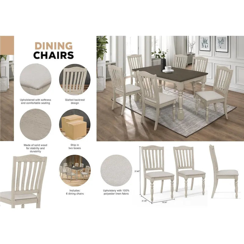 Ensemble de salle à manger 7 pièces Table rectangulaire 6 chaises Bois massif bicolore Dossier à lattes Assises en lin gris Style moderne du milieu du siècle Gris antique