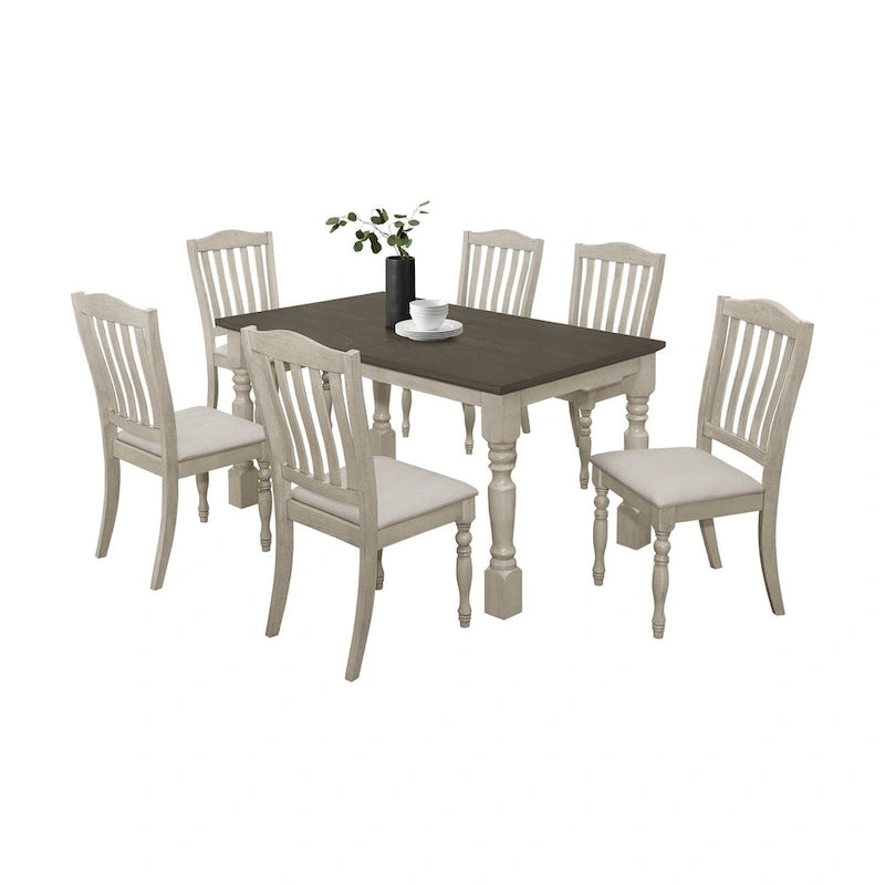 Ensemble de salle à manger 7 pièces Table rectangulaire 6 chaises Bois massif bicolore Dossier à lattes Assises en lin gris Style moderne du milieu du siècle Gris antique