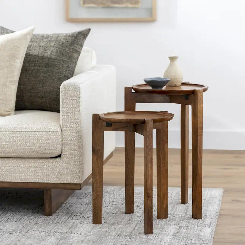Lot de 2 tables d'appoint gigognes en bois de manguier massif fait main, style bohème éclectique, 61 cm et 51 cm de hauteur, marron