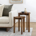 Lot de 2 tables d'appoint gigognes en bois de manguier massif fait main, style bohème éclectique, 61 cm et 51 cm de hauteur, marron