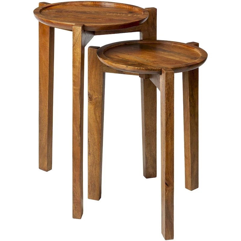 Lot de 2 tables d'appoint gigognes en bois de manguier massif fait main, style bohème éclectique, 61 cm et 51 cm de hauteur, marron