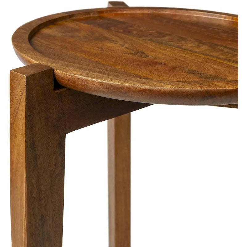 Lot de 2 tables d'appoint gigognes en bois de manguier massif fait main, style bohème éclectique, 61 cm et 51 cm de hauteur, marron