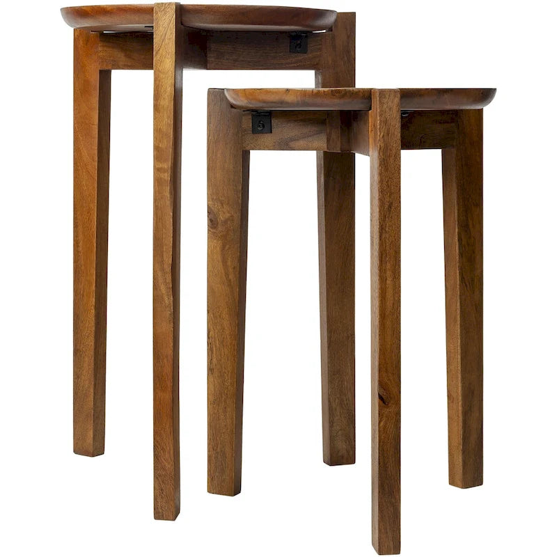 Lot de 2 tables d'appoint gigognes en bois de manguier massif fait main, style bohème éclectique, 61 cm et 51 cm de hauteur, marron