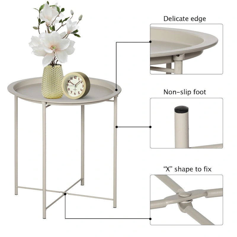 Table d'appoint ronde avec plateau amovible, pieds fuselés en métal, beige, 47 cm de diamètre, lot de 1 ou 2