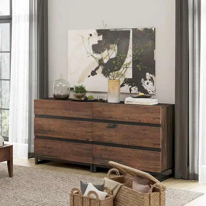 Bahut/Meuble de rangement moderne, 6 tiroirs, grain de bois de noyer, bois d'ingénierie, base en métal, 79 kg, poignées dissimulées, marron