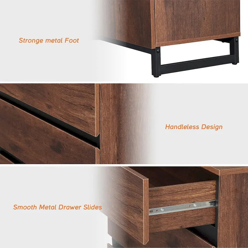 Bahut/Meuble de rangement moderne, 6 tiroirs, grain de bois de noyer, bois d'ingénierie, base en métal, 79 kg, poignées dissimulées, marron