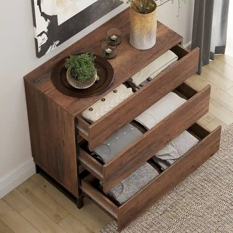 Bahut/Meuble de rangement moderne, 6 tiroirs, grain de bois de noyer, bois d'ingénierie, base en métal, 79 kg, poignées dissimulées, marron