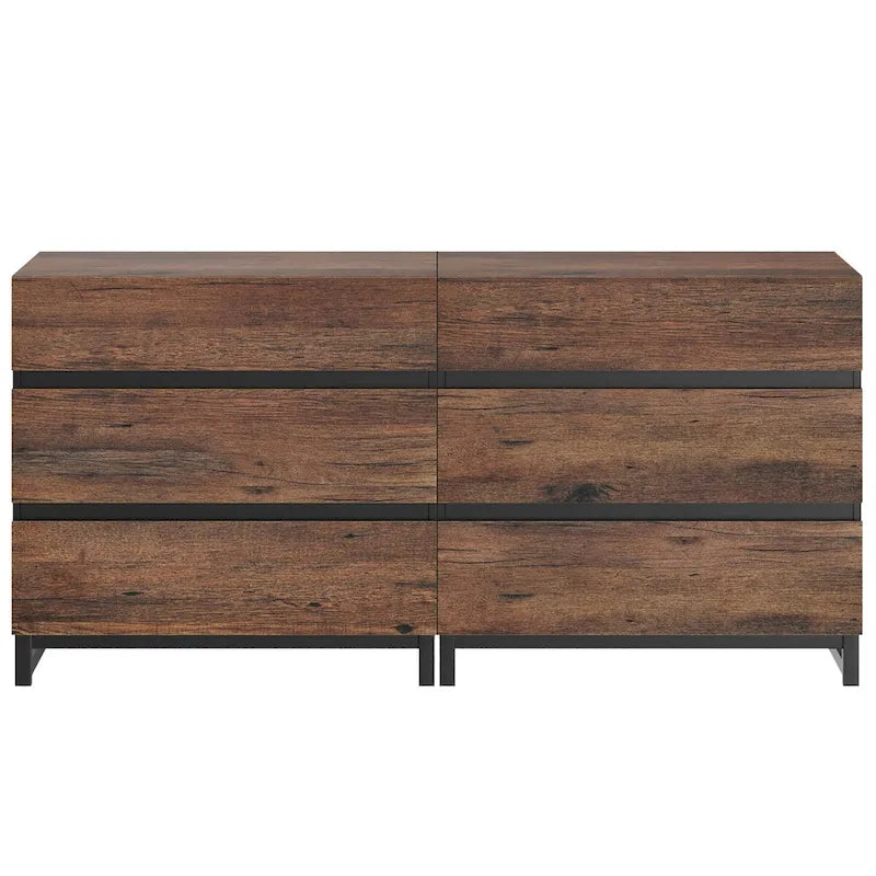 Bahut/Meuble de rangement moderne, 6 tiroirs, grain de bois de noyer, bois d'ingénierie, base en métal, 79 kg, poignées dissimulées, marron